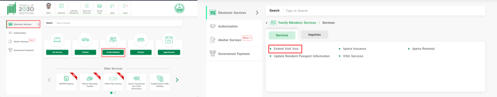 Go to "Electronic Services" > "Family Members" > "Extend Visit Visa".