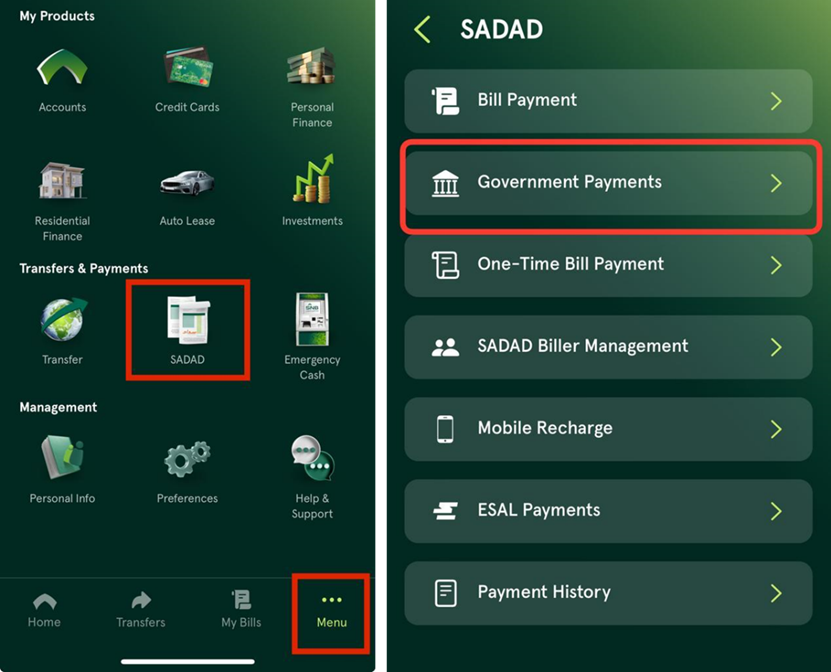 Go to “Menu” > "Sadad" > "Government Payments" in the SNB AlAhli app.